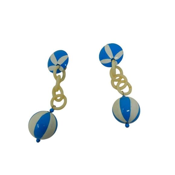 Blue and White Striped Ball Dangle Clip-Ons - Picture 5 of 6